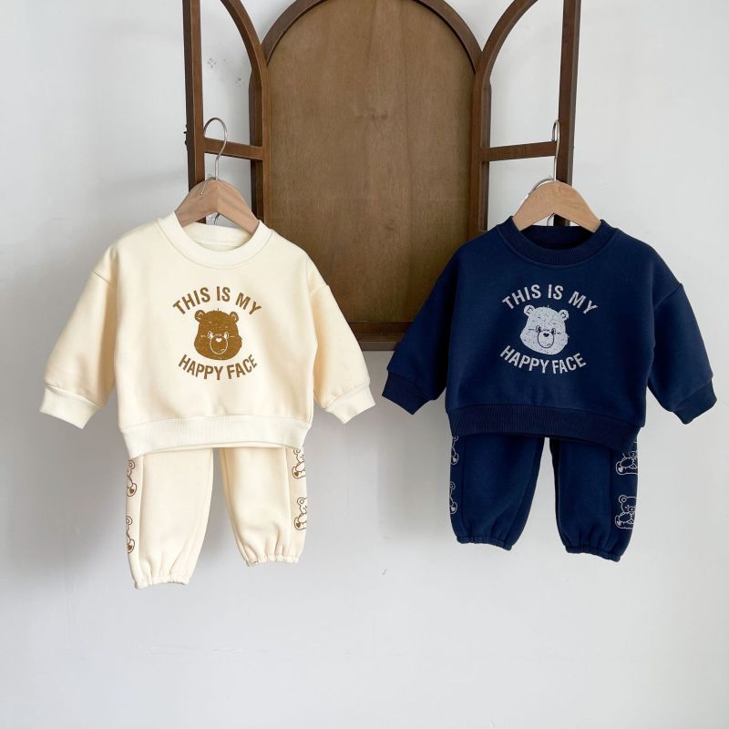 Wholesale Autumn Winter Cute Bear Round Collar two piece Plush warm sports tracksuits Sweater Baby clothing Set