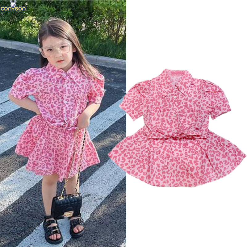 Conyson new arrive korea summer fashion designer kids clothes girls leopard short sleeve top skirt 2 pieces clothing Outfits Set