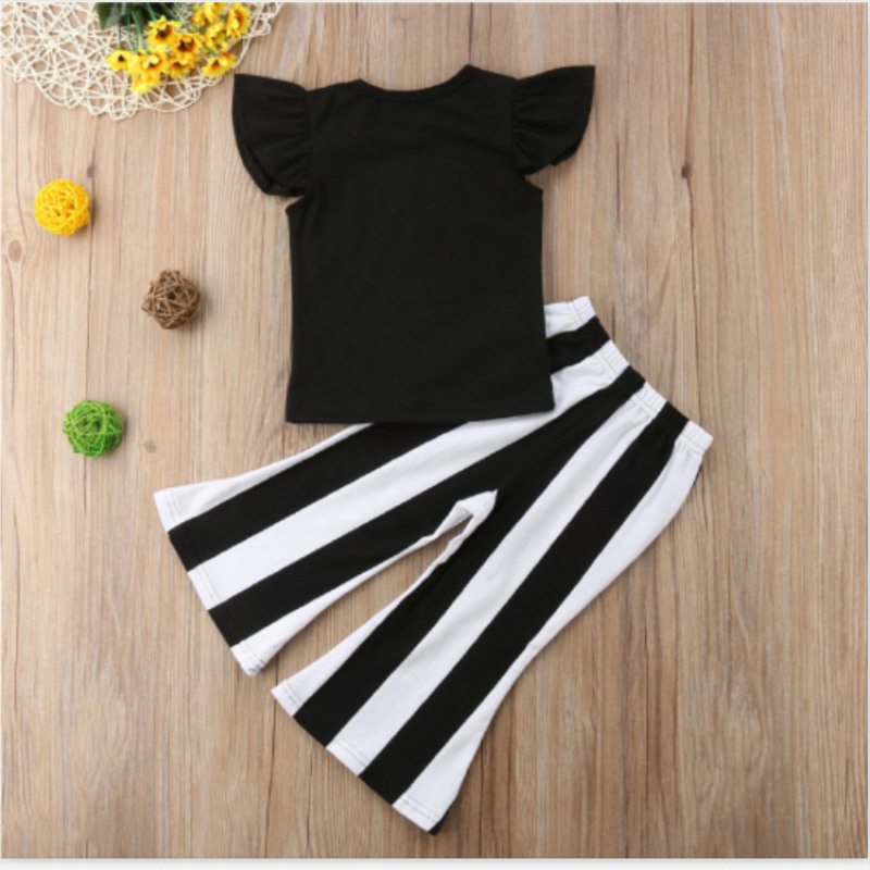 Stripe Pants Kids Girls Cotton Short Sleeve Set Girls Summer Cotton Printed Striped Bottoms Baby Two Piece Sets Outfits