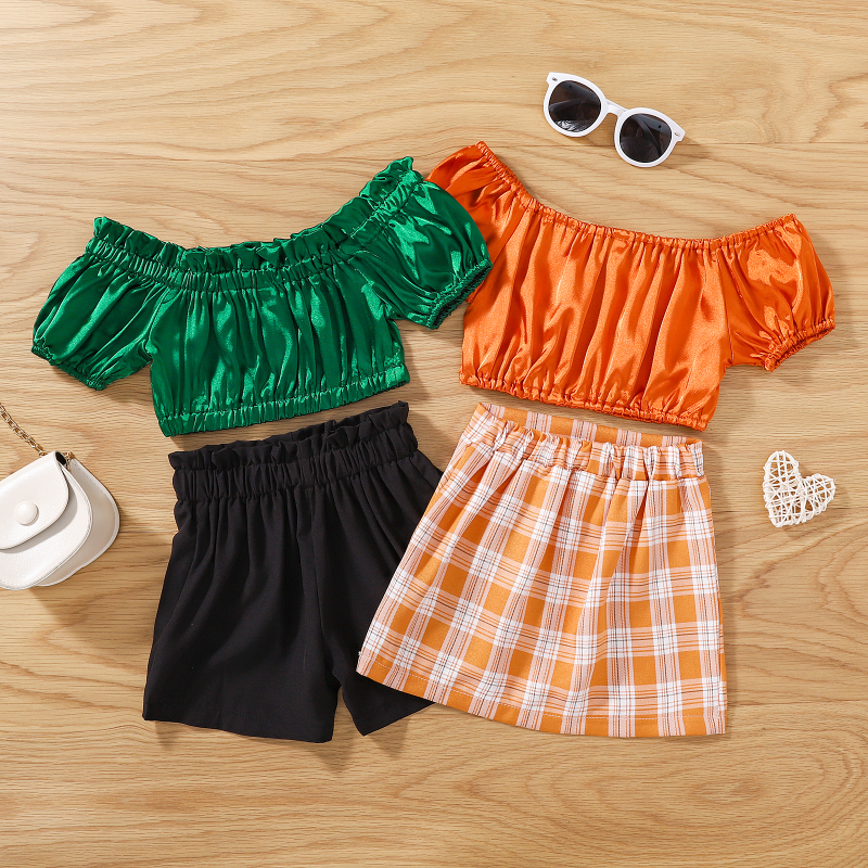 Conyson Fashion Toddler Girls Clothes Sets Short Sleeve Off Shoulder Solid T Shirts+Plaid Printed A-Line Skirts/Shorts Kids Sets