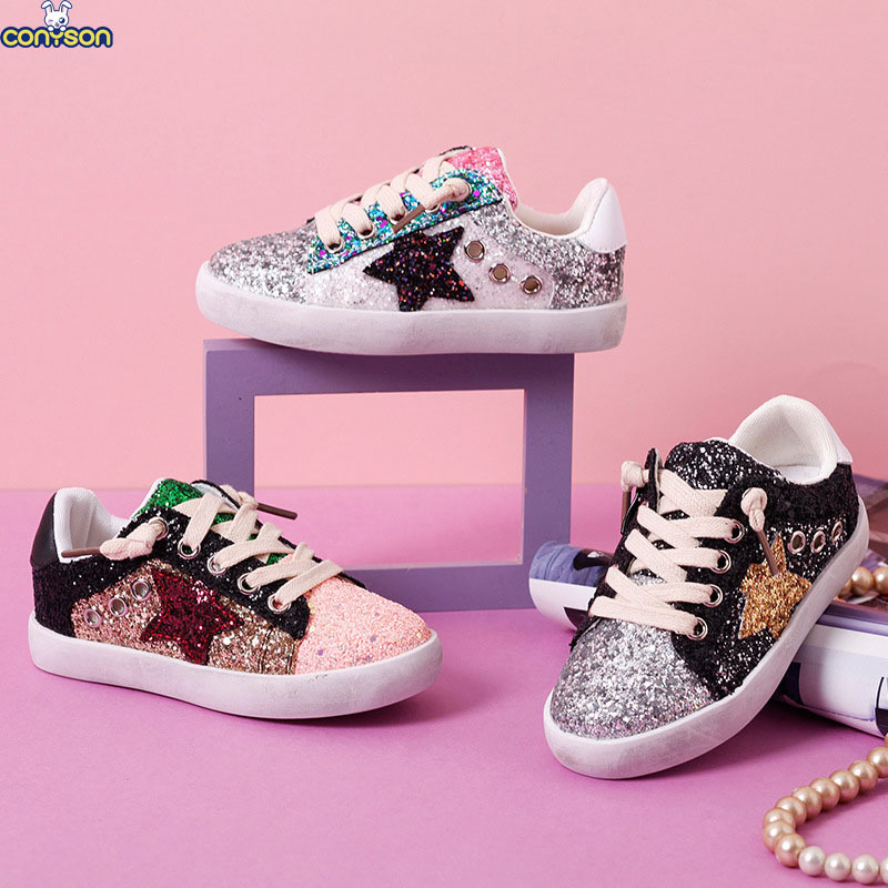 Conyson hot sale spring leisure Korean design lace up sneakers child shoes toddler casual baby boy girl sequined star shoes