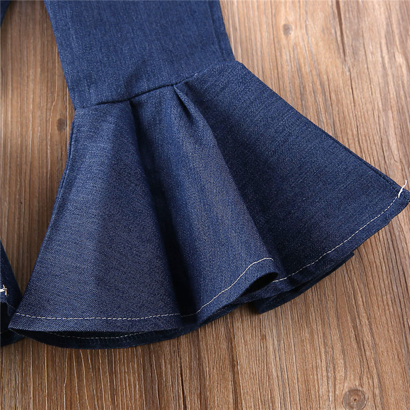 Conyson Spring Fall Bell Bottom Leggings Casual Skinny Stretchy Flared Blue Jeans Buttons Double Pocket Baby Girl Ruffle Pants
