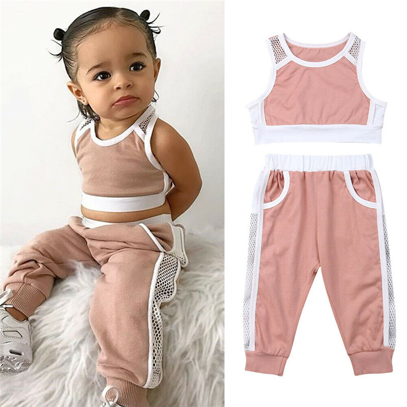 Conyson Summer Pink Sports Vest+Long Pants Casual  Outfits Set O-Neck Sleeveless Solid Little Girls 2 pcs Tracksuit