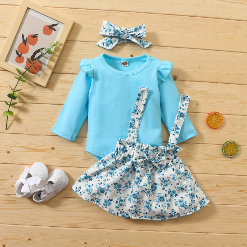 Conyson Hot Sale Kids Summer Clothing Sets Floral Pattern Baby Girl Jumpsuit Bow Strap Skirt with Headband 2Pcs Clothing Sets
