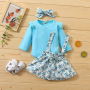 Conyson Hot Sale Kids Summer Clothing Sets Floral Pattern Baby Girl Jumpsuit Bow Strap Skirt with Headband 2Pcs Clothing Sets