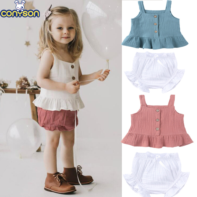 Conyson Wholesale Summer Kids Clothes Outfit Little Girls Halter Vest Shorts Linen 2 piece Princess Boutique baby clothes Set