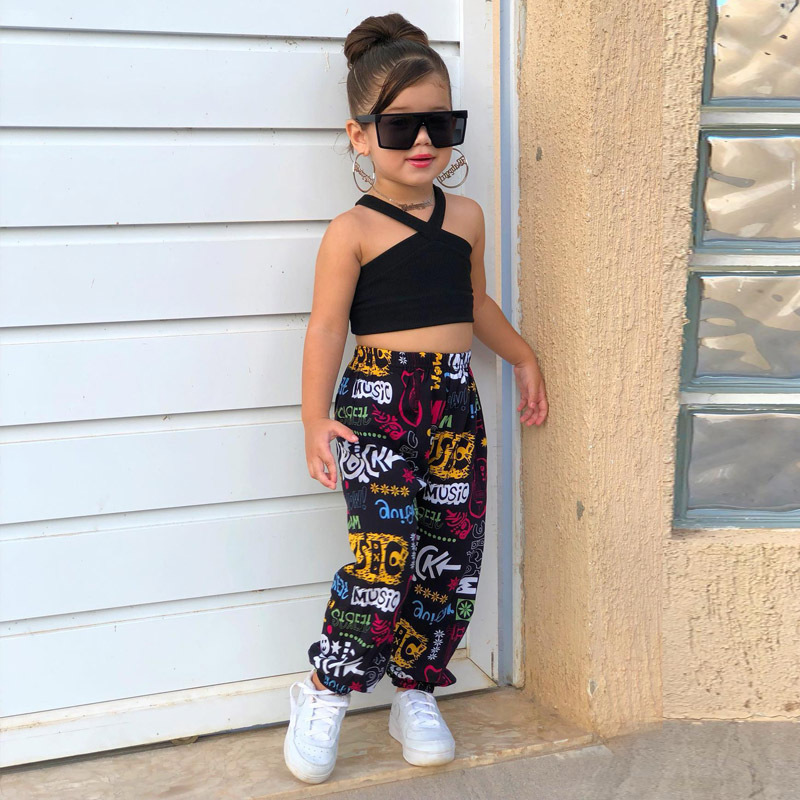 Conyson Newest 2023 Black Sleeveless Slip Short Top+Long Scrawl Pants Colorful Summer Baby Girl 2 Pieces Kids Clothing Girl Sets
