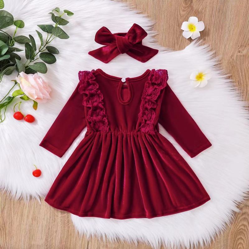 Conyson Princess Dress  England Style Children Skirt Hairband 2 Piece Double Ruffle Lovely Party Velvet Kids Dresses