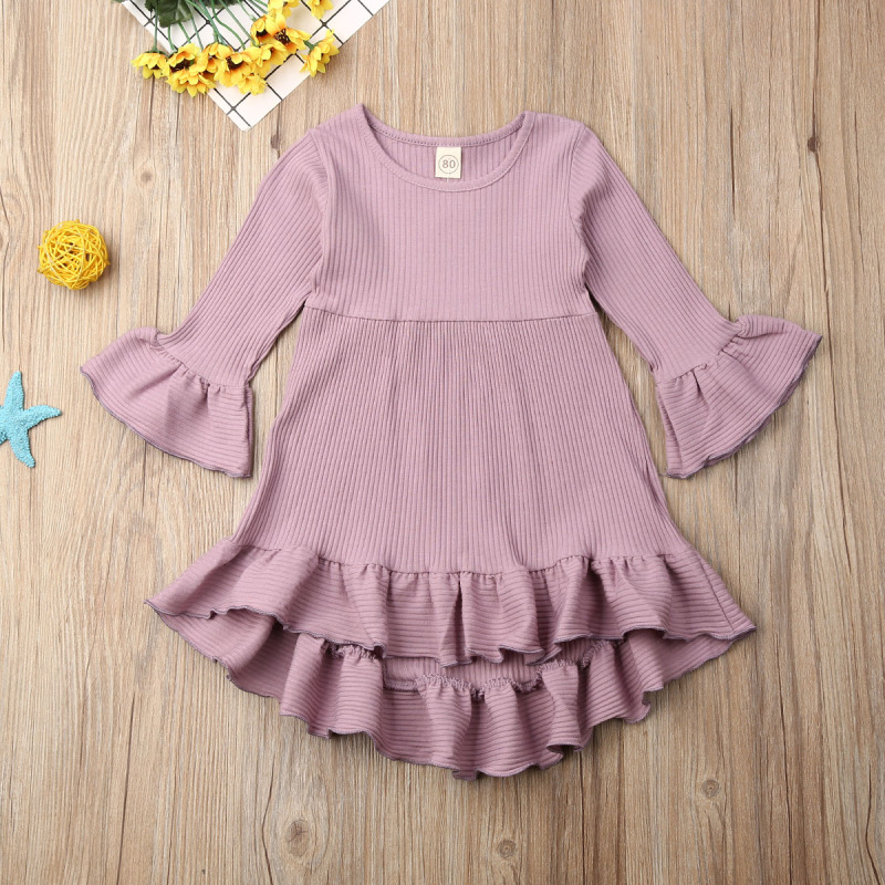 Conyson Hot Sale Princess Kids Clothes Baby Girls Flower Skirt Knitted Solid Long Flared Sleeve Ruffle Tutu Wedding Party Dress