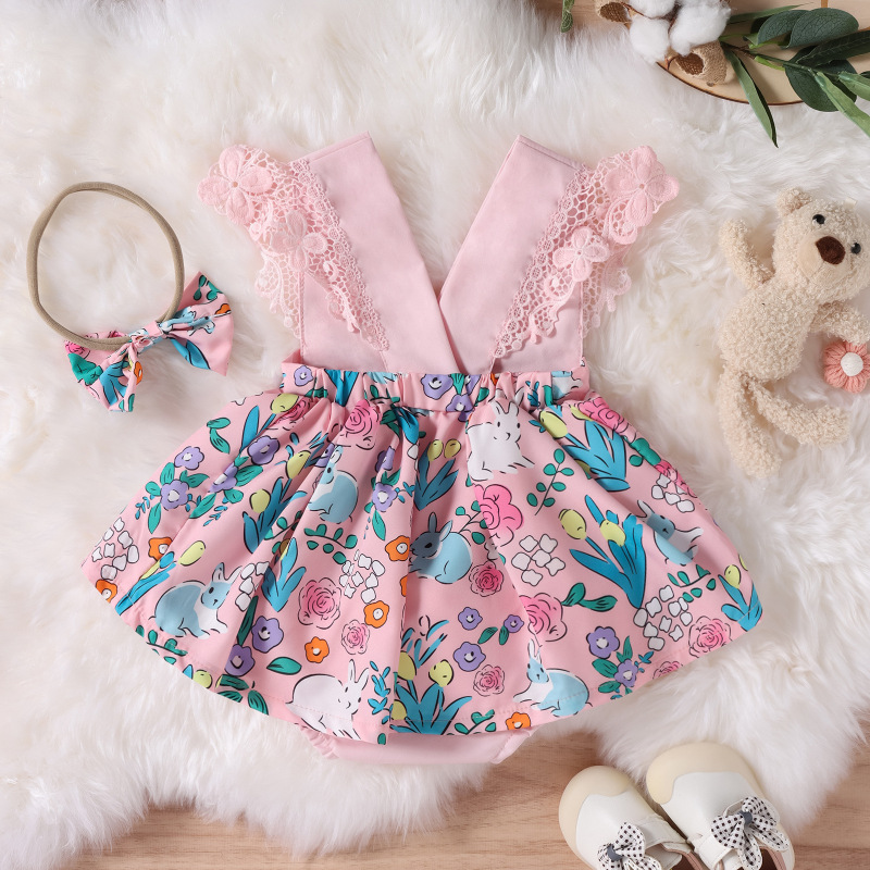 Conyson Wholesale Kids Clothes Baby Summer Short Sleeve Easter Gift Bunny Rabbit Print Purple Lace Princess Romper Headband Set