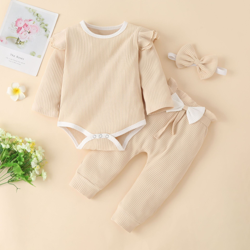 Conyson hot sale fashion Three-piece Jumpsuit Striped Color Long-sleeved Bow Baby clothes kids Cotton Clothing Set Baby Romper