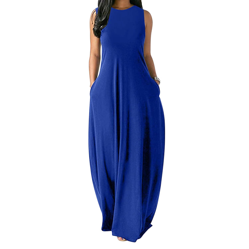 Conyson  Hot Summer Maxi Custom Logo Short Sleeve Women Sundress Solid Loose Pockets Ladies Long Dress Women Fashion Casual