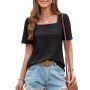 Conyson Wholesale Fast Shipping Summer Fashion Plain Macaron Splicing Design Knitting Square Collar White Short T-shirt Women