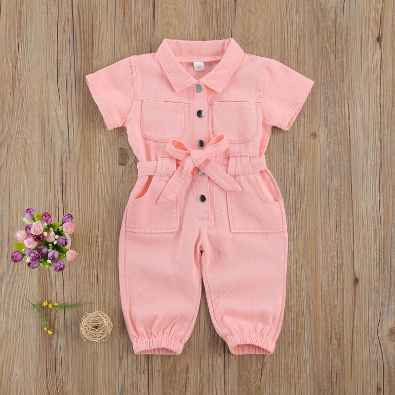 Baby Girls Denim Jumpsuit Overalls 2022 Kids Clothes Toddler Short Sleeve Lapel Pocket Long Pant Romper Children Outfit