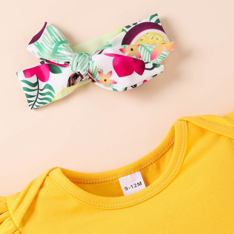 Conyson New Design Summer Pleated Short Sleeves Solid Top+Fresh Fruits Print Dress + Headband Casual 3Pcs Baby Girl Clothes Sets