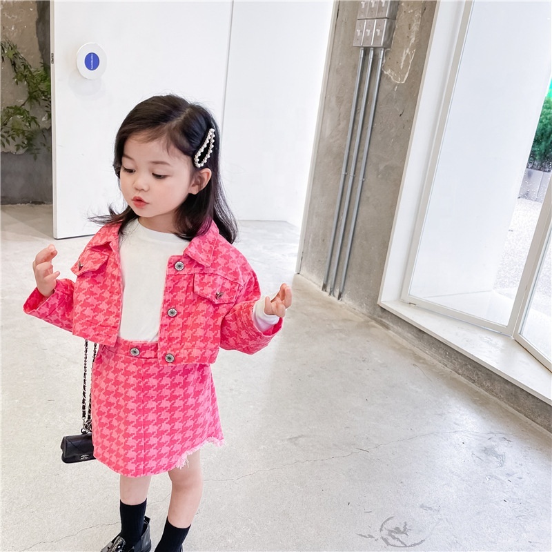 Conyson high quality Latest korea Style Short Skirt Set Fashion Toddler Girl Pink Printed Kids Cardigan 2-pieces clothing Set