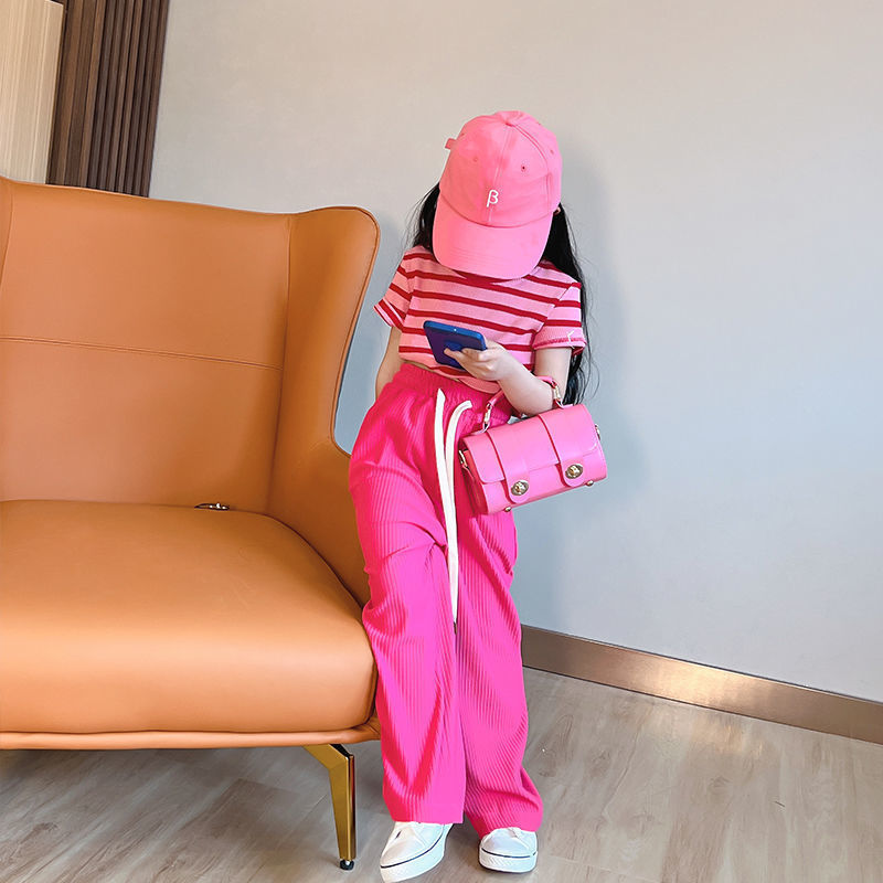 Conyson Summer Western Style Striped Short Sleeve Pink 5-10 Years Anti-mosquito Girls 2 Piece Short Set For Kids Clothing Set
