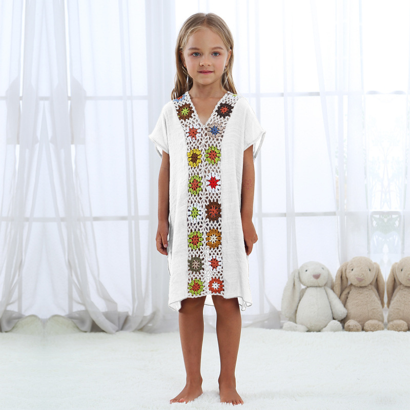 Conyson High Quality Kids short Sleeve Dress 100% polyester hollow out flower pure color Summer Girls Dress Girl Clothes Dress