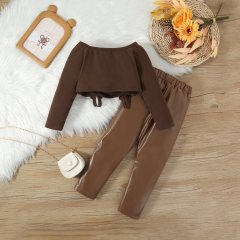 Conyson Wholesale Cotton Stationary New Children long sleeves Crop Top Outfit Square Collar Summer Boutique 2 pieces Girls Set