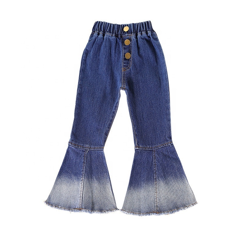 New Style Kids Bell Bottom Pants Navy Blue Elastic Denim Jeans Little Girls Flared Jeans