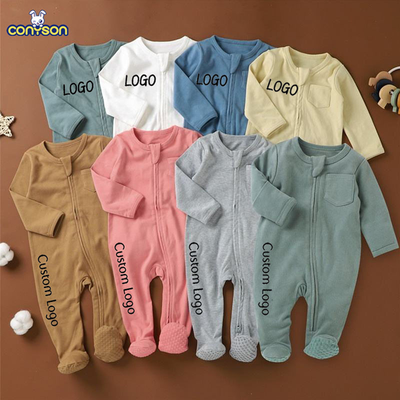 Conyson autumn fashion designer custom logo 100% Organic Cotton Solid New Born Baby Footed Pajamas