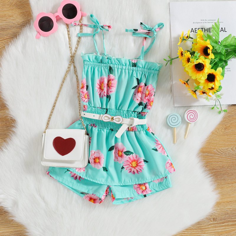 Conyson Infant Kids Girls Summer Sweet Jumpsuits Pants 0-4Y Striped/Flower Printed Strap Sleeveless Lace Up Playsuit With Belt