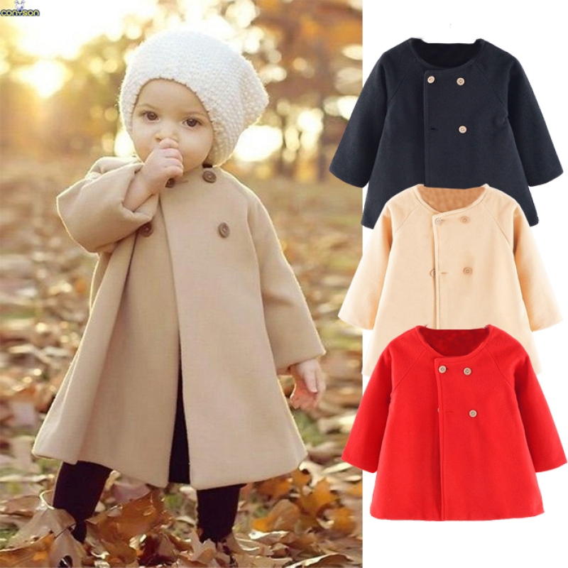 Conyson hot sale korean fashion boutique Baby kids clothes Woolen Girl Long Sleeve Autumn Winter button clothing Windproof Coat