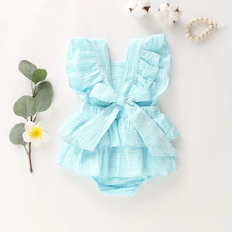 Conyson New Design European Style Spring Summer Sleeveless Hidden Button Bowknot Cotton Infant Newborn Baby Girl Romper