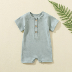 Conyson Wholesale Customize Baby Clothes Solid Cotton New Born Summer Knitted Unisex Spanish Sweatshirt Short-Sleeve Baby Romper
