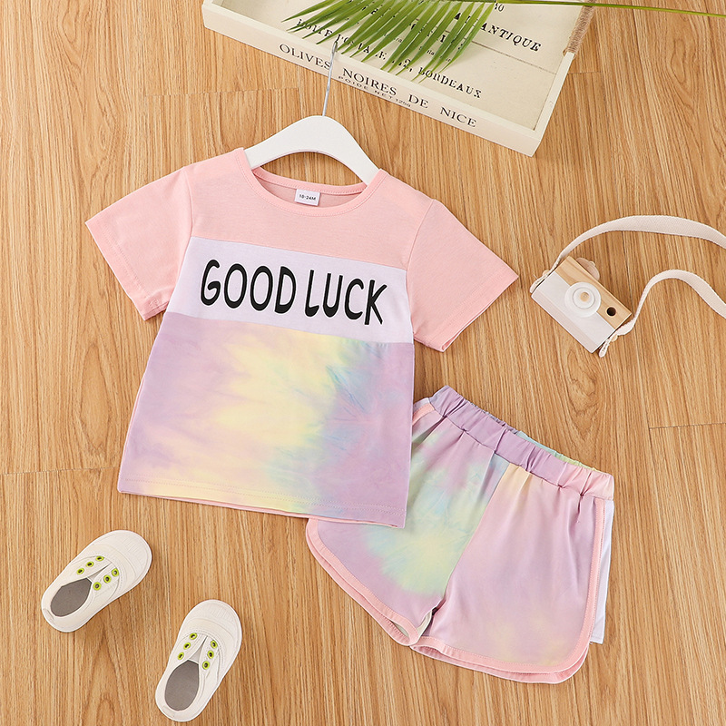 Conyson hot sale Children's summer Tie Dye Girls T-shirt Set 2pcs Custom Logo Short Sleeve T-shirt Shorts girl clothes Sport Set