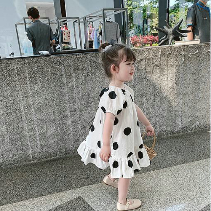wholesale Cotton Fabric 2021 Summer Girls White Speckled Round neck narrow cuff Ruffle Dress With Short Sleeve