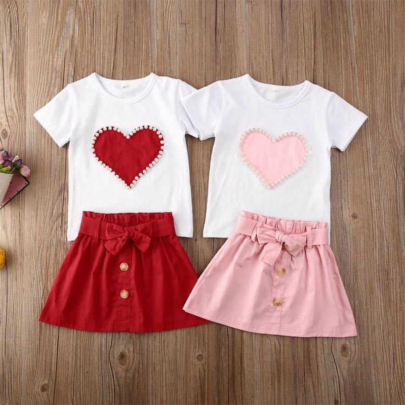 Conyson Kids Baby Clothes Summer Clothing Infant Children Easter Gift Print Pearls Heart Top Shirt Skirt 2Pcs Set Custom Outfit