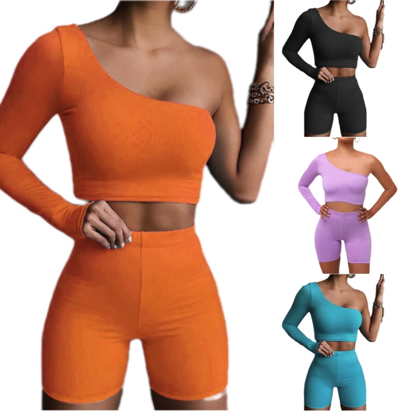 Summer Sports Women Suit Top Off Shoulder Top Two Piece Short Sets Irregular Personality Fitness Tracksuit
