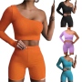 Summer Sports Women Suit Top Off Shoulder Top Two Piece Short Sets Irregular Personality Fitness Tracksuit