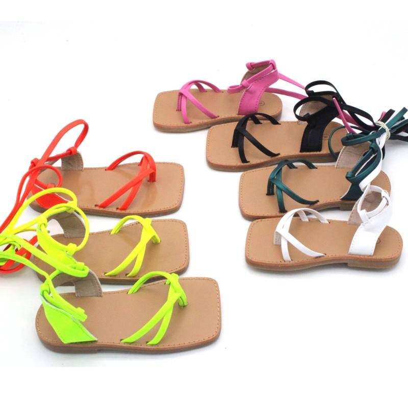 Conyson New popular summer beach flat square toe neon kids girls sandals leather baby shoes sandals