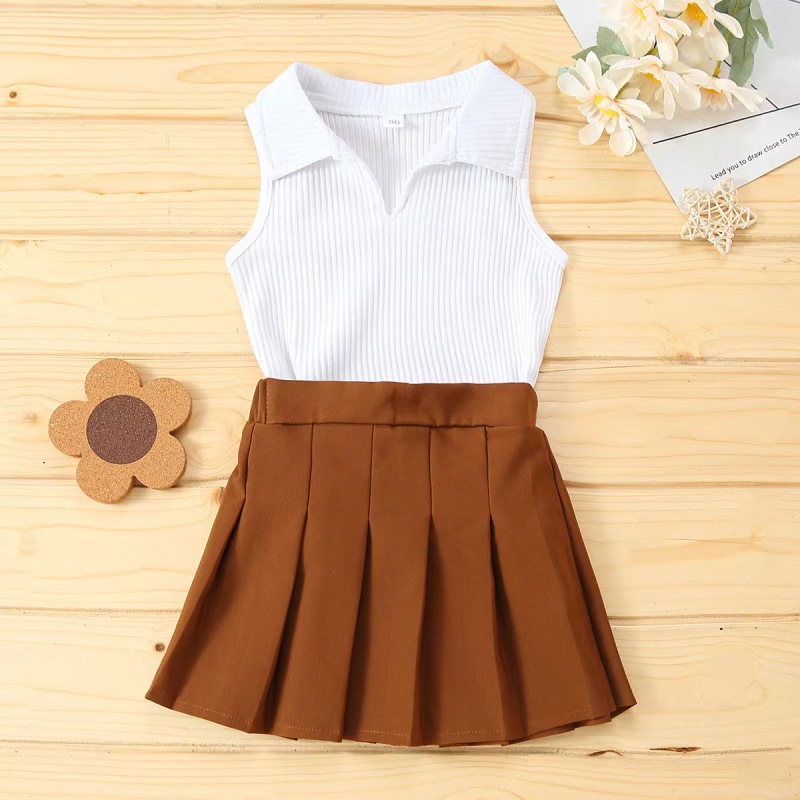 Conyson Summer Fashion White Sleeveless Lapel Knit Top Brown Boutique Pleated Skirt 2 Pieces Clothes Sets Casual Outfits