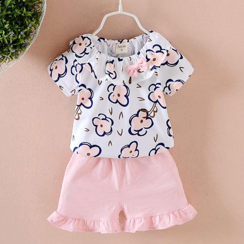 High Quality 2021 summer children popular short sleeve o-neck bowknot baby girls print tops with kid pure color short pants 2pcs
