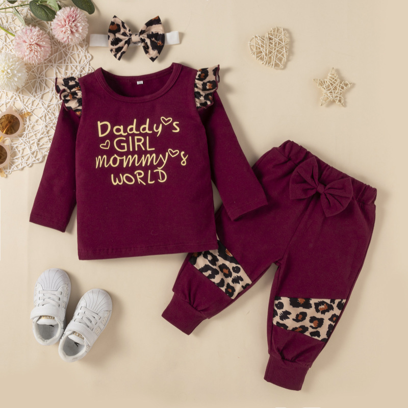 New Splicing Printing Flying Sleeve Bow Three-piece Suit Winter Children's Girls Leopard Letter Kids Clothes Girls Sets