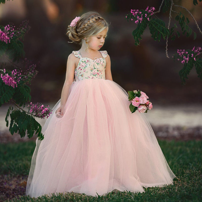Conyson Wholesale Summer Ruffle Sleeve Mesh Weeding Party Dress Pink Flower Tulle Princess Dresses Girls Sweet Tutu Long Dress
