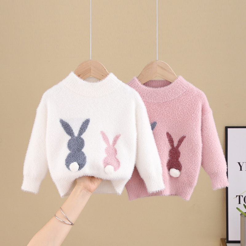 Factory Supply Long Sleeve Cartoon O-Neck Pullover Kids Girls Designer White Sweaters