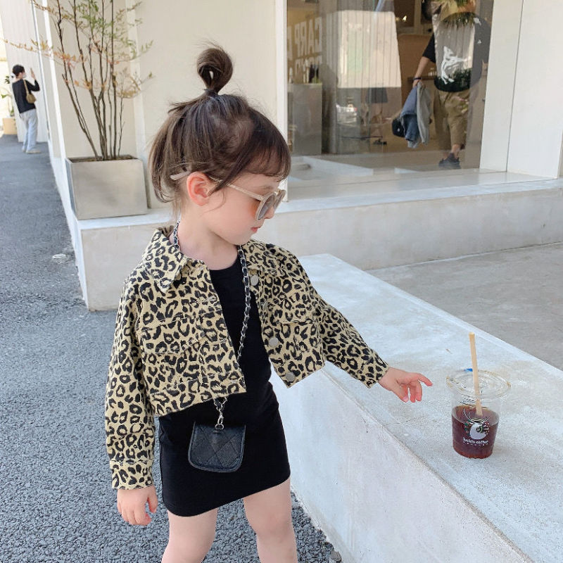 Beautiful Older Children Girls Autumn Long-sleeved Leopard Coat  Knitted Skirt Set