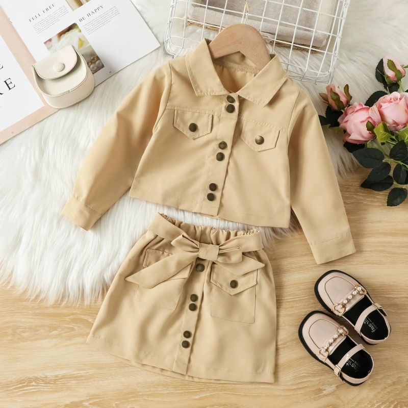 Conyson Stock Lots Organic Cotton Kids Girls' Clothing Sets Fall Spring Fashionable Turn-down Collar Girl Children Two Piece Set