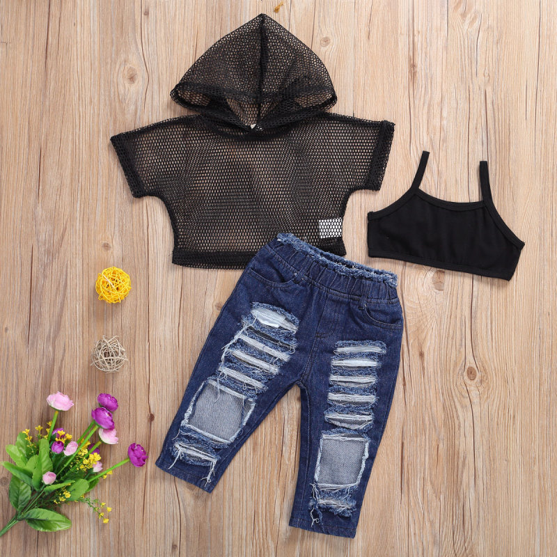 Conyson Girls Clothes Suits Short Sleeve Hoodie Mesh Hollow Out Sweats Black Vest Ripped Jeans Long Pants 3pcs Girl Tracksuits