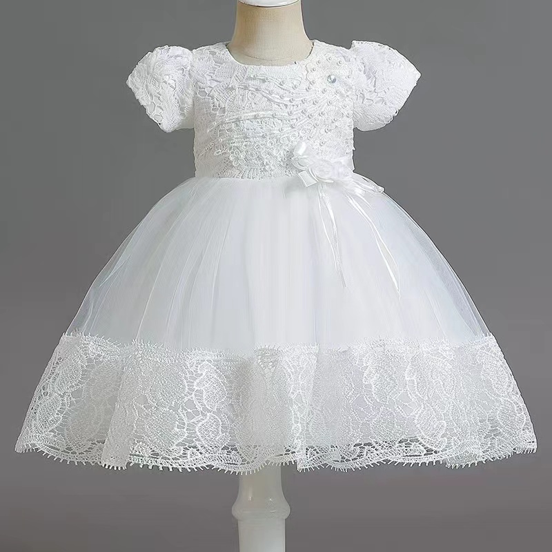 Conyson Hot Wholesale European Style Embroidery Design Frill Hem Solid Puff Sleeve Elegant New Girls floral Princess Dress