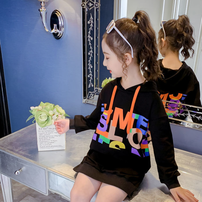 Conyson New Designer Letter Printed Kids Hoodies Clothes Casual Cute Teen Long Black Hoodies Sweatshirt Dress For Teenager Girls