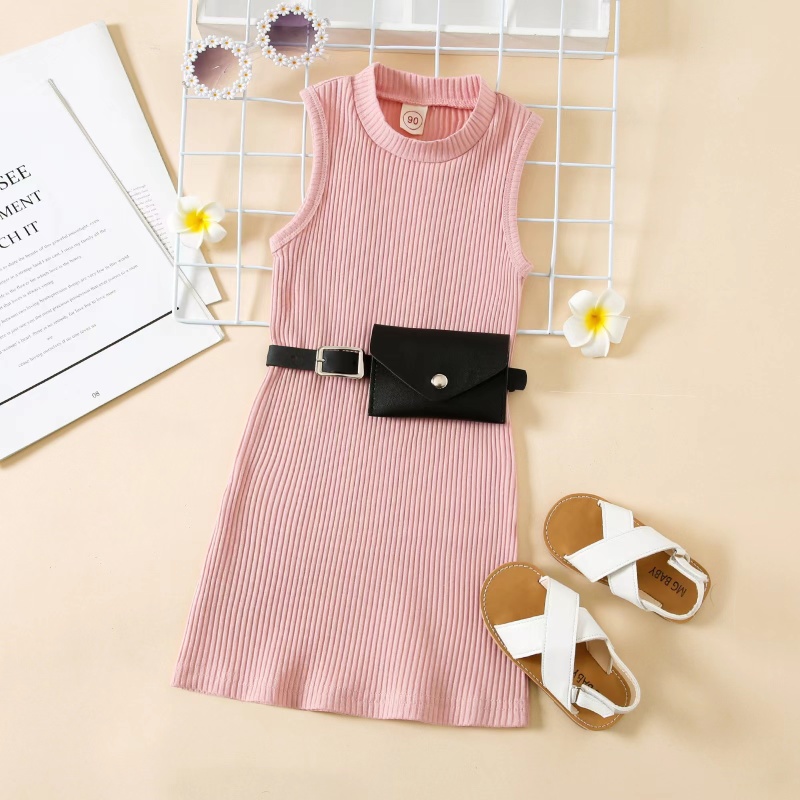 Conyson Kids Clothes Solid Color Round Neck Sleeveless Straight Knitted Dress Waist Belt Bag Set Summer Girls Dresses