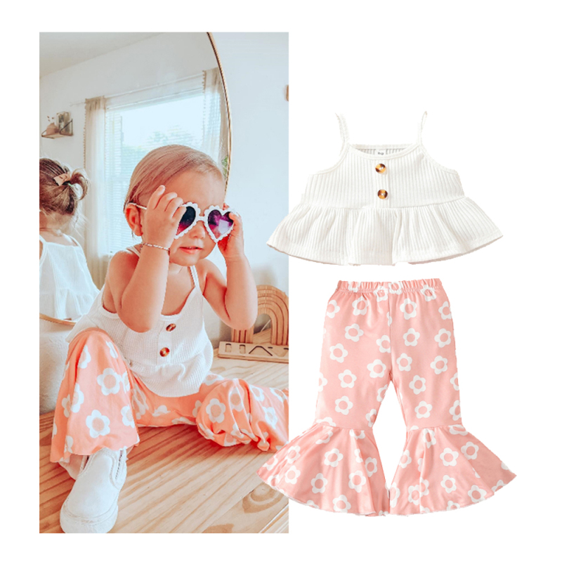 Conyson Baby Girls Summer Clothes Sets Sleeveless Ribbed Sling Vest + Floral Printed Flared Pants Kids Clothes  Casual Print Set