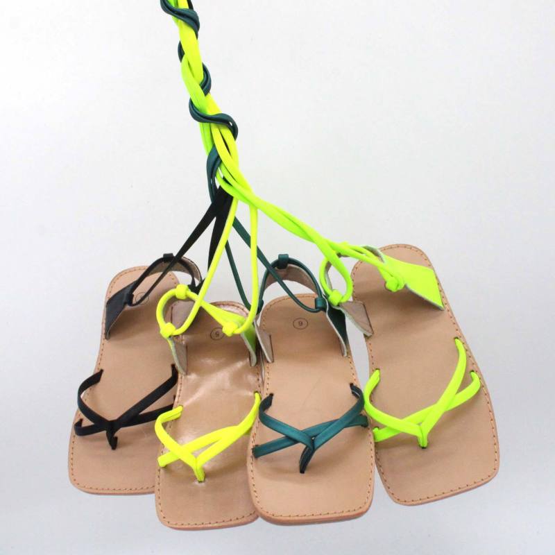 Conyson New popular summer beach flat square toe neon kids girls sandals leather baby shoes sandals