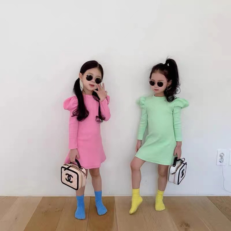 Conyson Wholesale Spring Korean girls knitted elastic slim dress Flutter sleeve candy-colored T-shirt baby dress