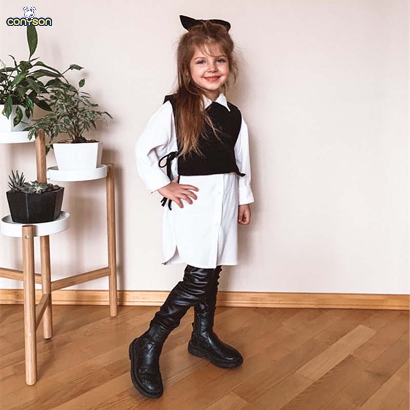 Conyson Fashion Little Girls Clothes Vest long Sleeve Button Turn-down Collar Shirt Dress 2 Pcs Casual Cute Girl Outfits Set